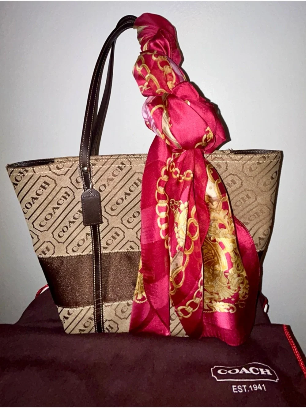 Coach Signature Stripes Lozenge Tote from 2008. With Coach Dusty and Silk scarf